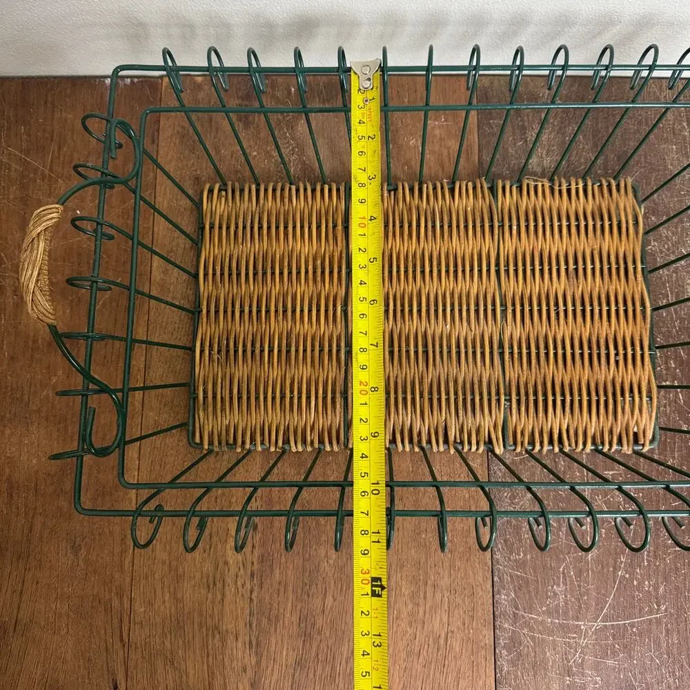 Vintage Green‎ Wire Basket with Woven Rattan Bottom and Handles 14.5x10.5